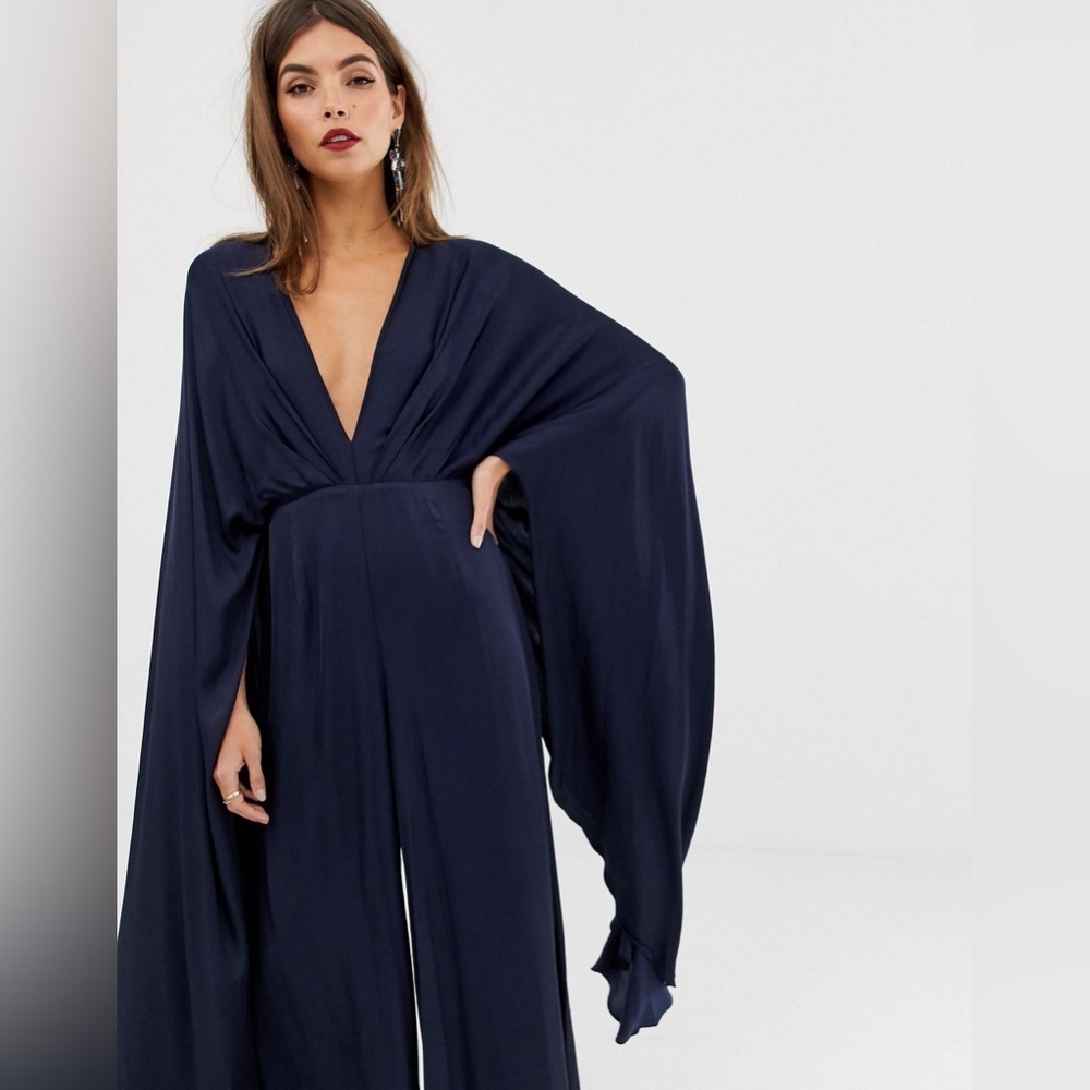 NWT ASOS Edition Satin Cape Sleeve Jumpsuit in Navy Blue Size 2. - Picture 14 of 15